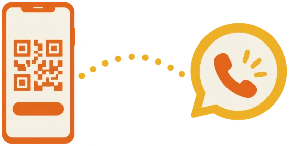 Ilustração de um celular com QR Code na tela ligado por uma linha pontilhada ao ícone do WhatsApp, representando a conexão do número