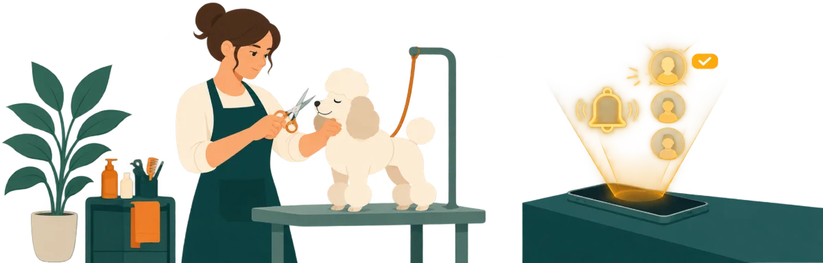 Tosadora cortando o pelo de um poodle enquanto, no balcão, o celular avisa os clientes da fila de espera que um horário abriu
