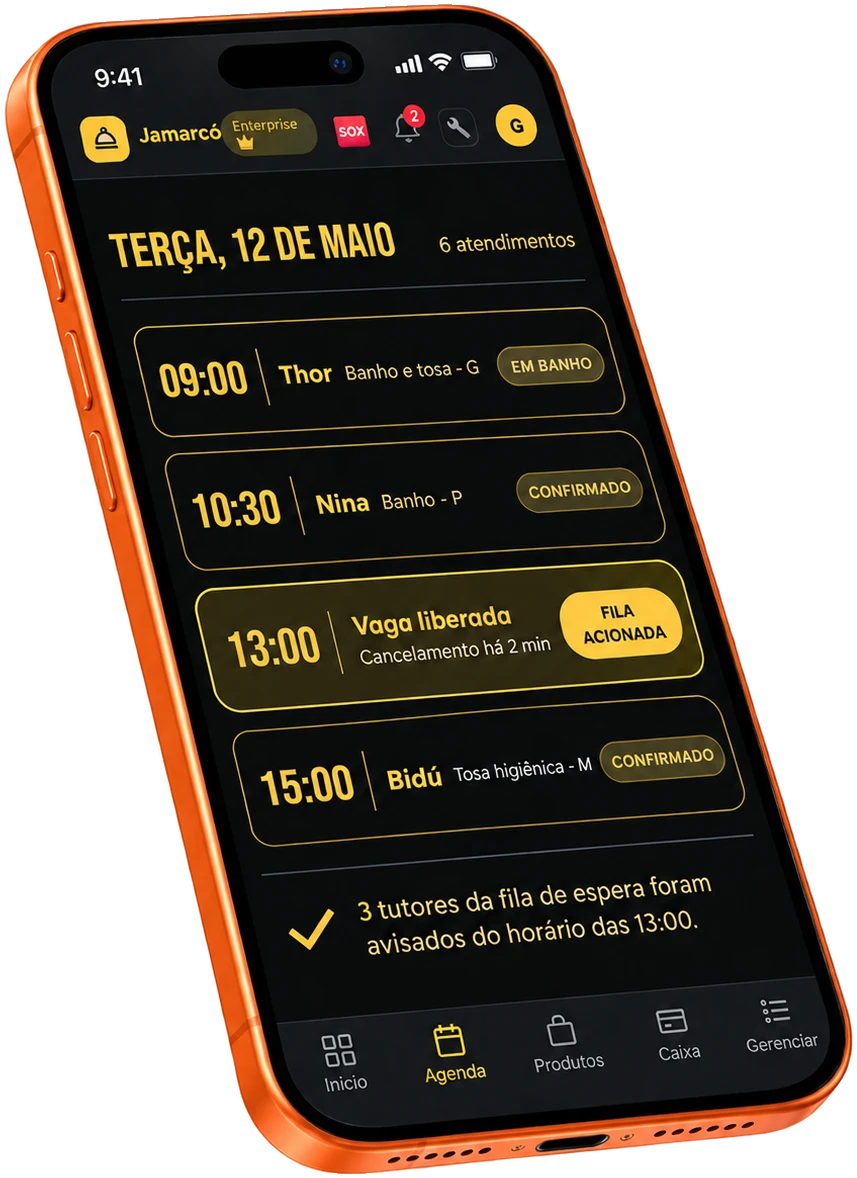 Tela de agenda do app Jamarco Pet com os atendimentos do dia e uma vaga liberada acionando a fila de espera