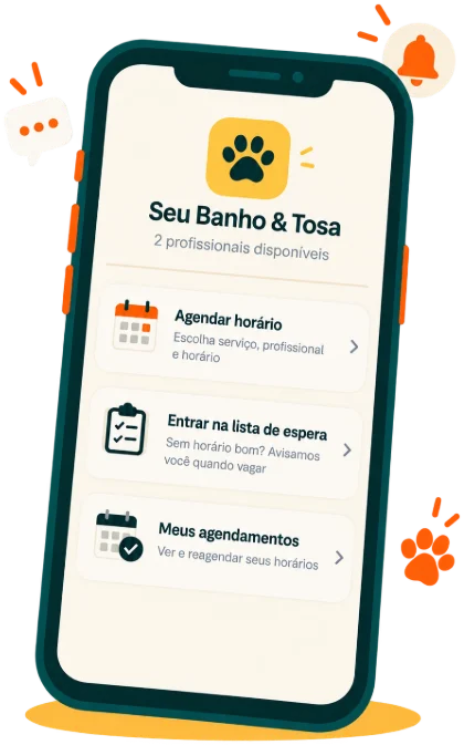 Página de agendamento do petshop aberta no celular, com as opções Agendar horário, Entrar na lista de espera e Meus agendamentos
