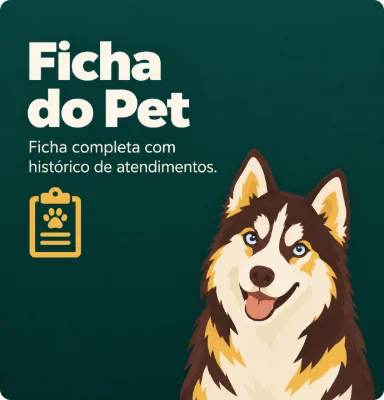 Ficha do pet: ficha completa com histórico de atendimentos, com a ilustração de um husky