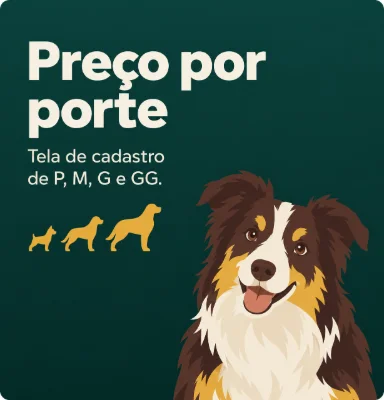 Preço por porte: tela de cadastro de P, M, G e GG, com a ilustração de um border collie