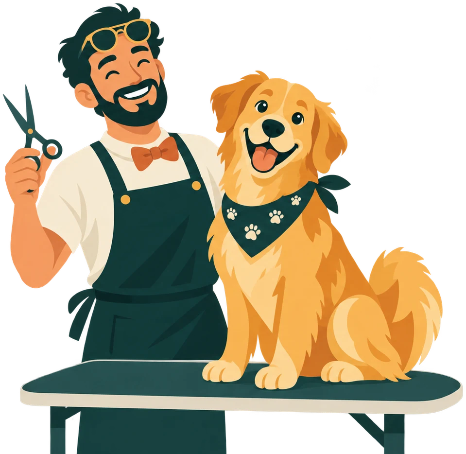 Ilustração de um tosador sorridente segurando uma tesoura ao lado de um golden retriever feliz na mesa de tosa